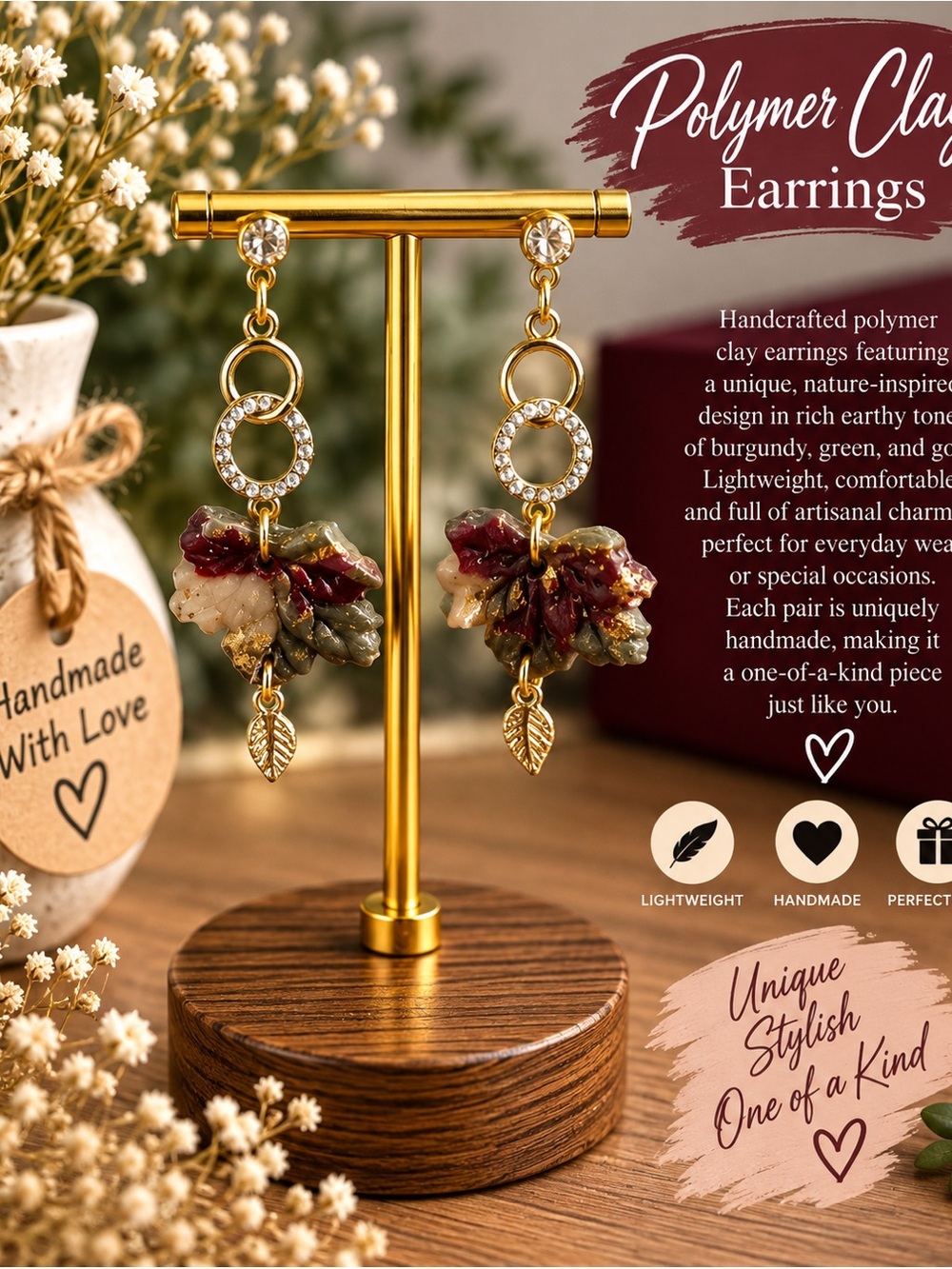 Others Follow Burgundy, Green & Cream Leaf Drop Earrings with Gold Rings